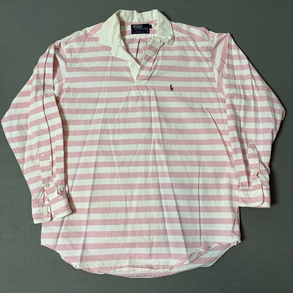 Vintage 90s Polo Ralph Lauren Rugby Shirt XL Pink White Stripe Multi Color Pony